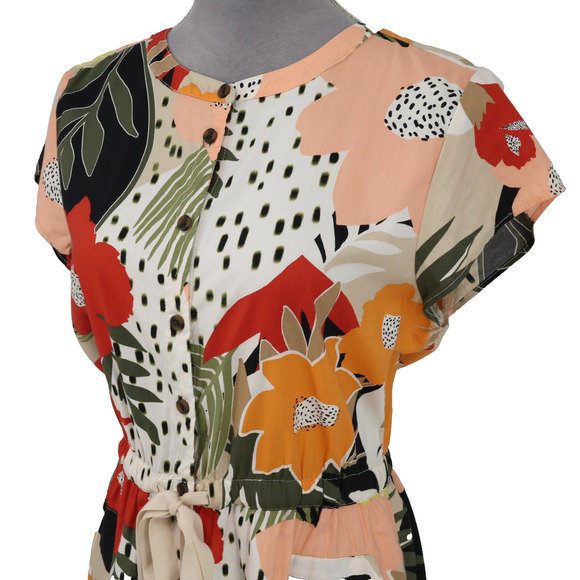 Loft Dress Petites 10P Beige Red Black Floral Cotton Blend Button Up Pockets - Picture 13 of 16